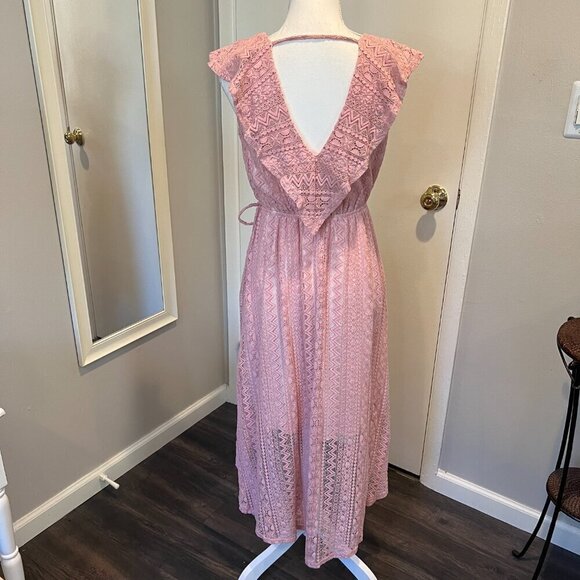 Aqua Pink Lace Hi Low Faux Wrap Dress, Size Small - Picture 12 of 16